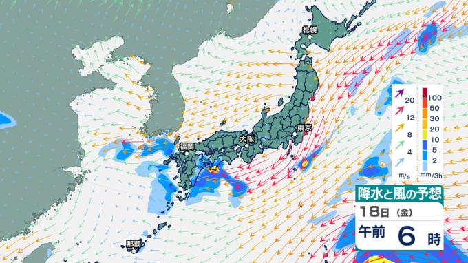 18日午前6時の降水と風の予想