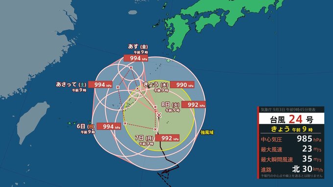 【台風情報・大雨情報】台風24号（クロヴァン）は沖縄付近で複雑な動きへ　東日本～西日本の太平洋側中心に7日頃まで大雨続くか　九州南部・奄美では線状降水帯発生のおそれも【雨風シミュレーション・警報級大雨の可能性3日～8日】|TBS NEWS DIG