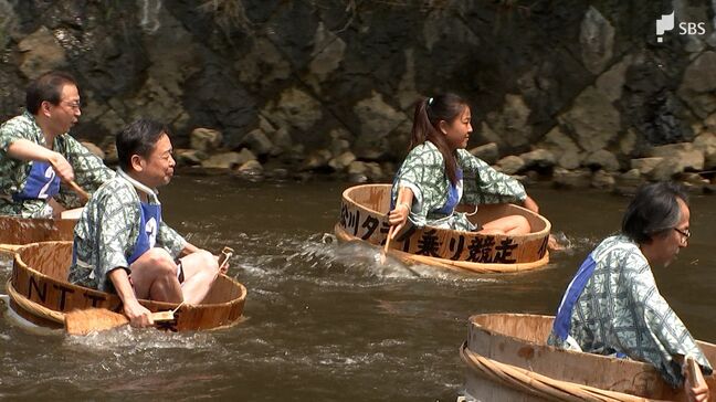 「これがあると夏だな」夏の恒例イベント“タライ乗り競争” しゃもじで水をかき川下りの速さを競う 静岡・伊東市|TBS NEWS DIG