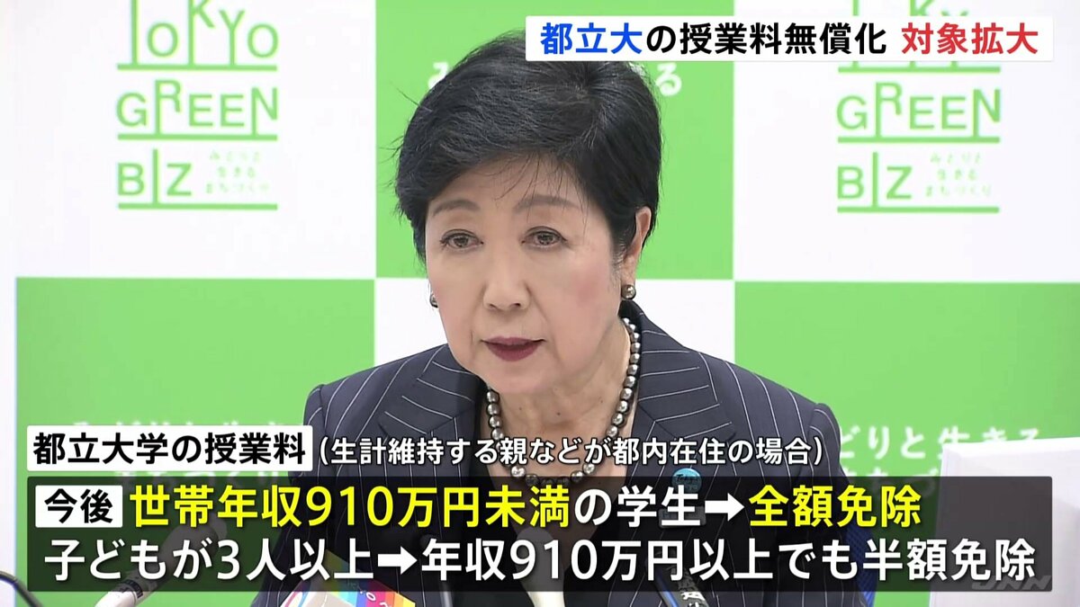 東京都が都立大学の授業料“全額免除”の対象範囲を拡大へ 年収約910万円