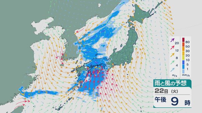 日本海沿岸を進む低気圧と太平洋側にかかる前線の影響で22日から23日は西日本から東日本の広い範囲で雨に 大雨に注意・警戒が必要なところも 雨と風シミュレーション|TBS NEWS DIG
