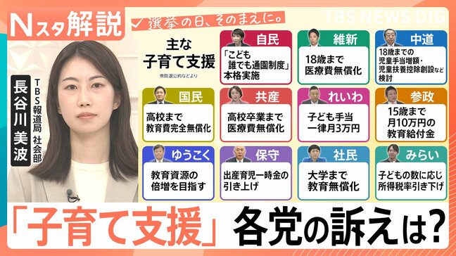 “独身税”と揶揄も…最大月550円超の「支援金」は実質負担増?衆議院選挙「子育て支援」各党の公約を比較【Nスタ解説】|TBS NEWS DIG