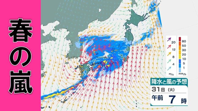 【春の嵐】31日は通勤時間帯の強風に注意！ 近畿で最大20メートルの風予想　淡路島に警報発表の可能性【気象庁　雨と風シミュレーション】|TBS NEWS DIG