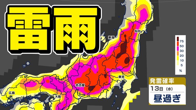 【東京首都圏 雷雨に注意】寒気流入  大気の状態不安定  天気急変のおそれ【雨と発雷確率のシミュレーション１２日（火）～１４日／関東甲信地方の週間予報】東京・神奈川・埼玉・千葉・群馬・栃木・茨城・山梨・長野|TBS NEWS DIG