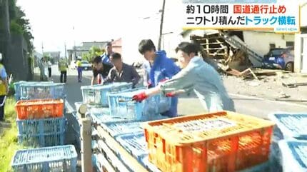 霧島市の国道220号 鶏を積んだ10トントラック横転 10時間通行止め