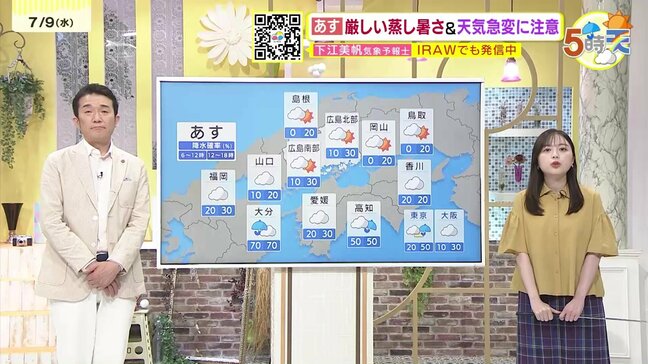 【あす7/10(木)広島天気 】雲が目立つ一日に　夜遅くにかけて雲は厚くなる見込み　引き続き天気の急変に注意|TBS NEWS DIG