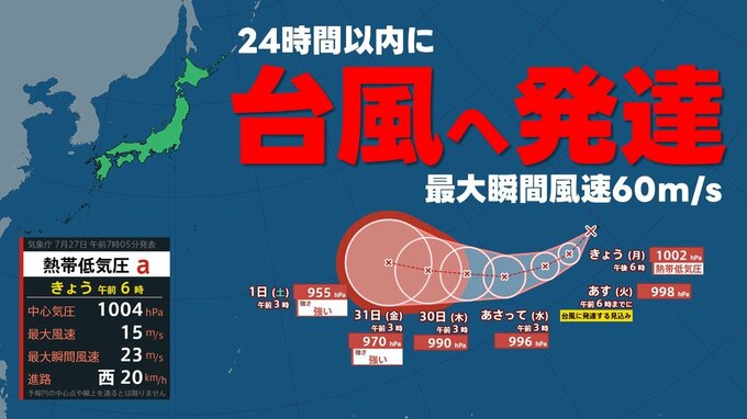 【台風情報】熱帯低気圧（台風のたまご）が24時間以内に台風へ発達する見込み　最大瞬間風速60m予想　気象庁27日(月) 午前7時5分発表　最新　いまどこ？進路は？|TBS NEWS DIG