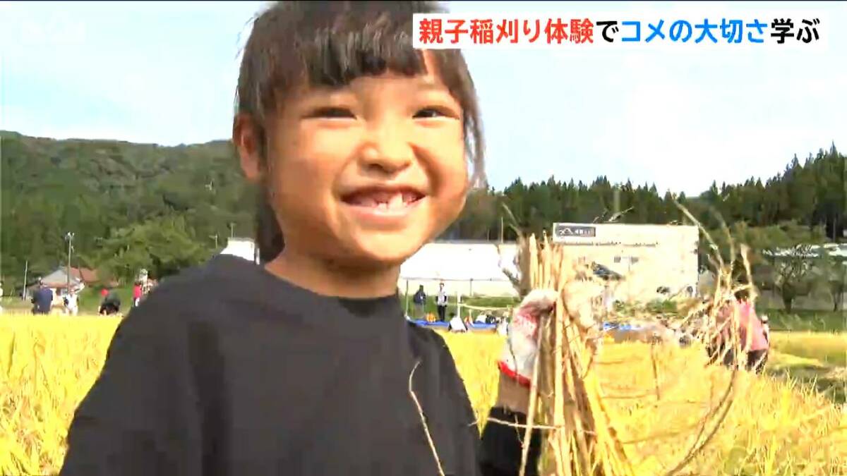 サムネイル_「お米を残さないように 当たり前じゃないからね」親子80人が“鎌”で稲刈り収穫の喜び実感 新潟・胎内市
