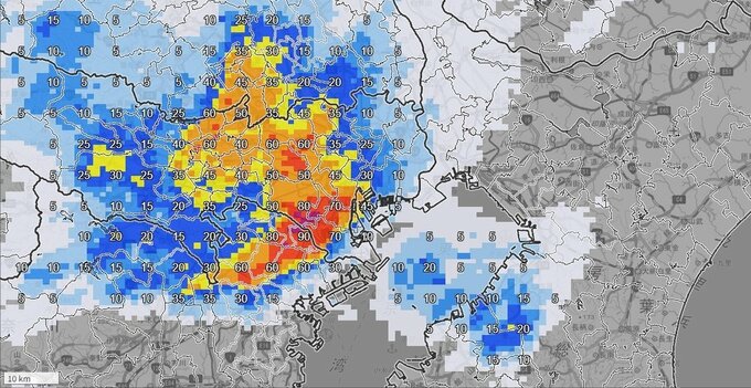 【大雨情報】東京、神奈川で1時間に約100ミリの猛烈な雨　「記録的短時間大雨情報」が発表　11日夜のはじめ頃にかけて河川の増水や氾濫、低い土地の浸水や地下施設への浸水に厳重に警戒し、土砂災害に注意警戒を【雨と風のシミュレーション】　|　富山のニュース｜天気・防災｜チューリップテレビ