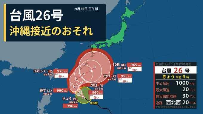 【 台風情報と今後の雨 】台風26号は沖縄に「強い」勢力で接近のおそれ　26～27日の土日は本州付近でも雨予想【進路予想と10日間天気予報・雨風シミュレーション・25日正午更新】|TBS NEWS DIG