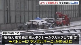 スリップ事故相次ぐ　ランボルギーニがパトカーに突っ込むなど車7台関係する事故　警察官2人含む6人けが　東京・築地大橋|TBS NEWS DIG