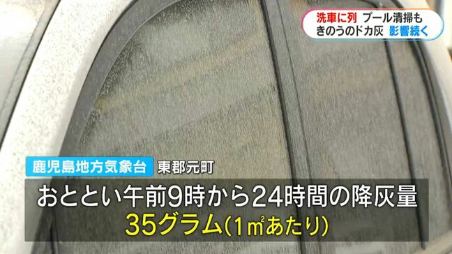 桜島「ドカ灰」きょう8日も影響続く　ガソリンスタンドでは洗車を待つ車の行列　小学校プールにたまった灰を保護者が清掃|TBS NEWS DIG