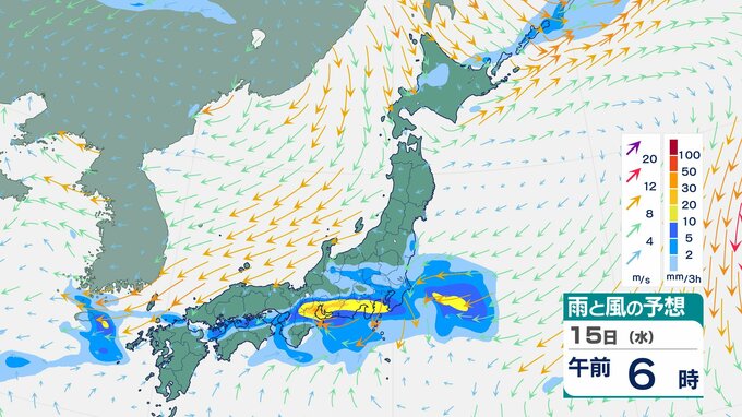 【気象情報】東海地方は14日夜遅くから15日朝にかけて大気の状態が非常に不安定に　雷を伴った激しい雨の降る所がある見込み【雨と風のシミュレーション（日本付近）】|TBS NEWS DIG
