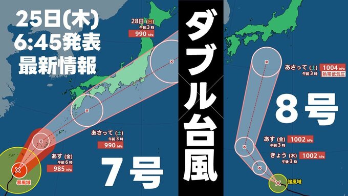 【トラック横転の恐れもある猛烈な風】最大瞬間風速45m 台風7号は沖縄へ…この週末は九州から関東直撃の恐れ 大荒れの天気に厳重警戒　台風8号は日本接近前に熱帯低気圧へ＜25日6:45 気象庁発表 最新ダブル台風情報＞|TBS NEWS DIG