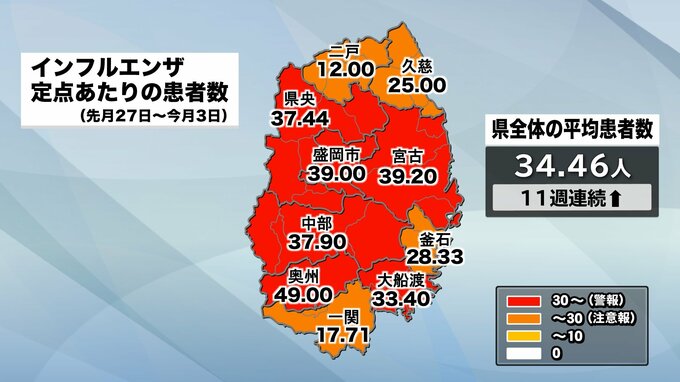 インフルエンザ患者が11週連続で増加　岩手県　奥州、宮古、盛岡市など6保健所管内で「警報」レベル　新型コロナ患者も2週連続増|TBS NEWS DIG