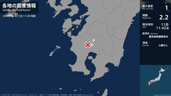 鹿児島県で最大震度1の地震　鹿児島県・霧島市、湧水町|TBS NEWS DIG