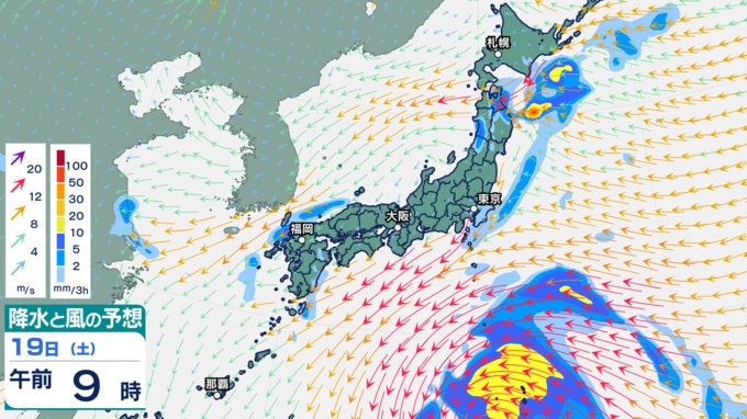 19日午前9時の降水と風の予想