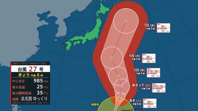 【台風情報】最大瞬間風速65メートル予想　台風27号(チョーイワン)非常に強い勢力で4日ごろ小笠原近海に接近見込み　今後の台風の動きを進路図で見る　雨風シミュレーション(～5日)、全国の天気を画像で　|　山形のニュース│TUYテレビユー山形