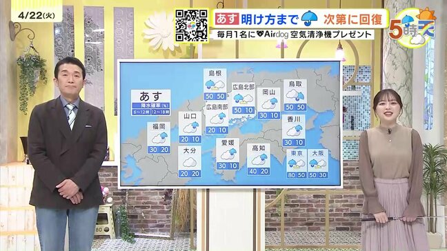 【あす4/23(水)広島天気 】明け方まで本降りの雨に　次第に天気回復　|TBS NEWS DIG