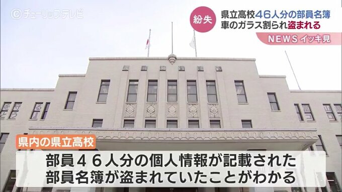 県立高校の部活動顧問　車内に置いた部員名簿入りバッグ盗まれる　名簿には46人分の個人情報　富山　|　富山のニュース｜天気・防災｜チューリップテレビ