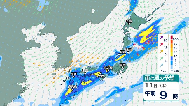 【大雨情報】近畿地方に11日は前線がほとんど停滞する見込み　夜遅くにかけて大気の状態が非常に不安定となり局地的に雷雲が発達　警報級の大雨となる可能性【雨と風のシミュレーション】|TBS NEWS DIG