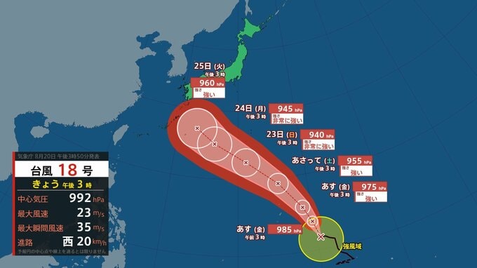 【台風情報】台風18号（ソウデル）は発達しながら北西進　23日には最大瞬間風速65メートル予想で小笠原諸島に接近か（20日午後3時現在）【雨風シミュレーション21日～31日】　|TBS NEWS DIG