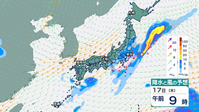 17日午前9時の降水と風の予想