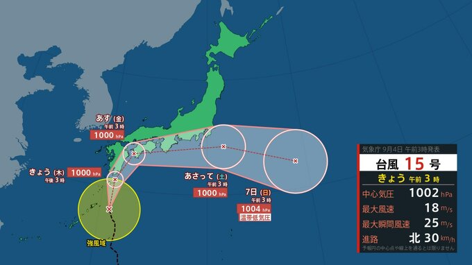 【台風15号発生】列島横断か 九州南部、九州北部地方、四国地方、東海地方で線状降水帯発生のおそれ 太平洋側で大雨 気象庁の進路予想【雨・風シミュレーション9月4日(木)~7日(日)】台風情報2025 | 鹿児島のニュース|MBC NEWS|南日本放送