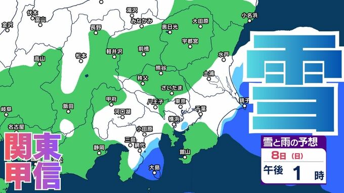 【雪の予想】東京・栃木・群馬・埼玉・茨城・千葉・神奈川・長野・山梨　8日（日）～10日（火）1時間ごとの雪雨シミュレーション「関東地方南部の平地８センチ降雪予想」【気象庁/8日午前11時半】|TBS NEWS DIG