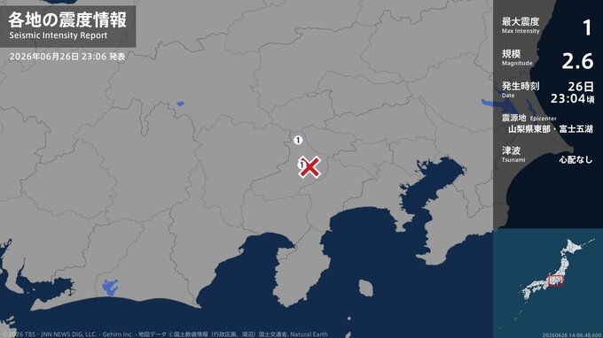 山梨県で最大震度1の地震　山梨県・大月市、丹波山村|TBS NEWS DIG