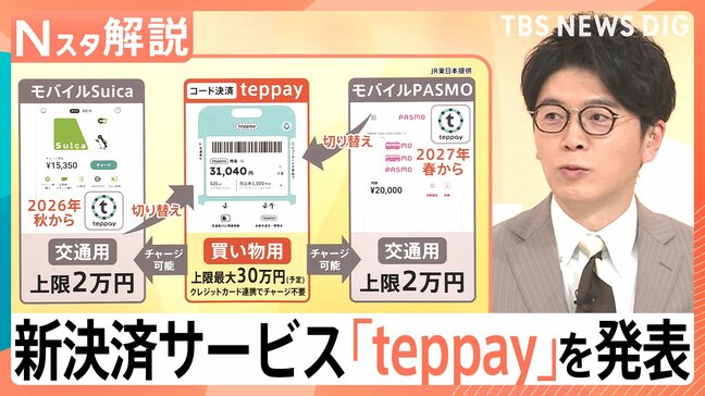 鉄道中心の“経済圏”へ…SuicaとPASMOが共同参入　新決済サービス「teppay」で上限は30万円に【Nスタ解説】|TBS NEWS DIG