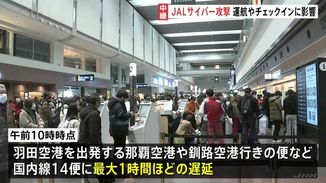 日本航空(JAL)にサイバー攻撃　全国的にシステムで不具合が続く　少なくとも国内線14便で最大1時間ほどの遅延が発生|TBS NEWS DIG