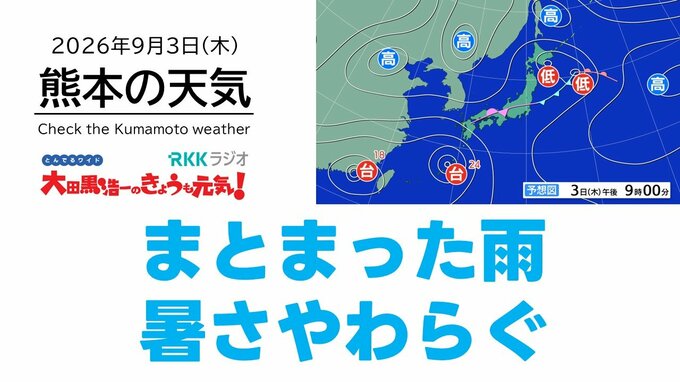 9月3日（木）【熊本の天気】久しぶりのまとまった雨　暑さやわらぐ　RKK気象予報士の天気解説 ＜阿蘇や天草のライブカメラも配信中＞|TBS NEWS DIG