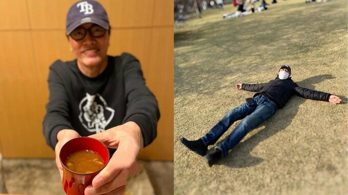 【遠藤憲一】「新宿御苑です！」長身を伸ばして寝そべり春を満喫　食事も披露 “炊き込みご飯をおにぎりに”|TBS NEWS DIG