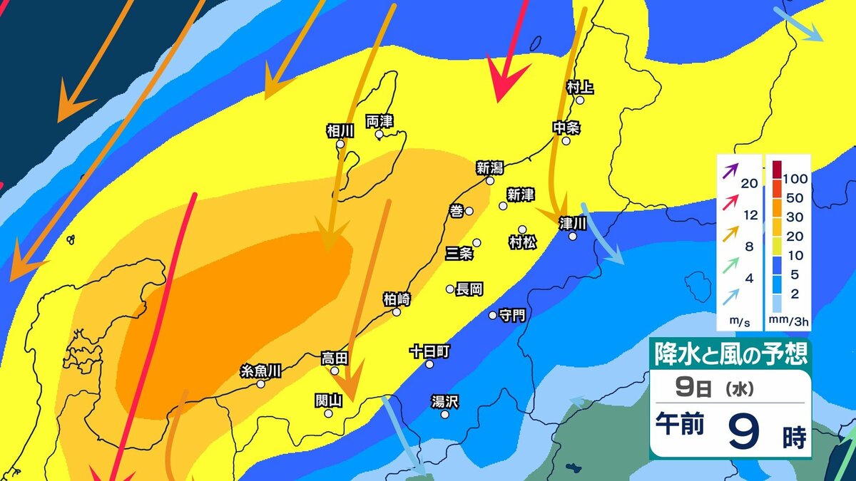 サムネイル_【 新潟の雨 】雷を伴って激しい雨が降り大雨となる所も　県内は10日午前中にかけて土砂災害や低い土地の浸水、河川の増水に注意・警戒【13日(日)までの雨風シミュレーション・8日午後9時更新】