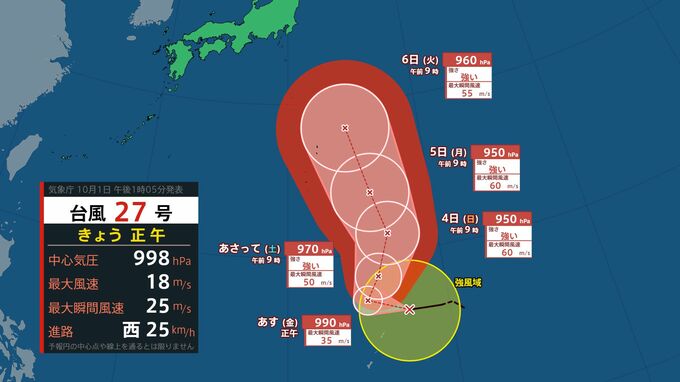 【台風情報】台風27号(チョーイワン) 最大瞬間風速60メートル予想　強い勢力で小笠原近海に接近する見込み　今後の動きは？進路図、雨風シミュレーション、全国の天気を画像で見る　|　山形のニュース│TUYテレビユー山形