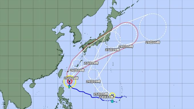 【台風情報　気象庁・10時10分発表】　台風7号　27日には四国沖　本州に接近か　8号は26日に日本の南に　【進路予想】|TBS NEWS DIG