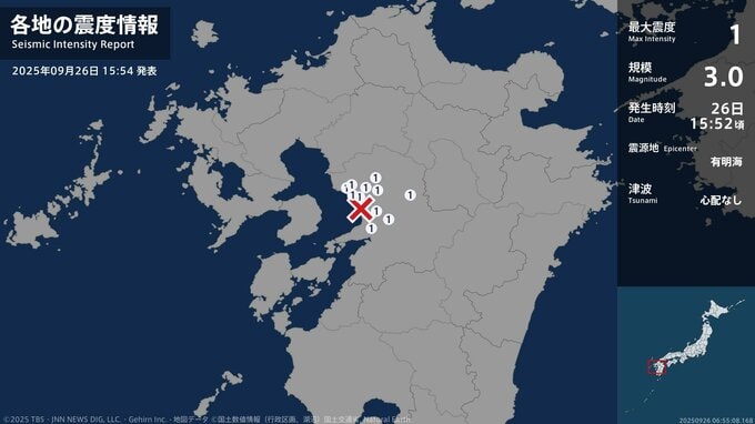 熊本県で最大震度1の地震　熊本市西区、熊本市北区、玉名市、山鹿市、宇土市、玉東町、大津町、嘉島町|TBS NEWS DIG