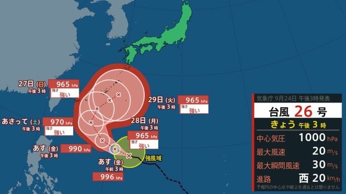 【台風情報】急カーブか？最大瞬間風速55m/s予想「台風26号(スリゲ)」…10月4日までの雨風シミュレーション【気象庁24日15時50分発表】|TBS NEWS DIG