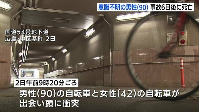 自転車同士の重体事故で意識不明だった男性(90)が死亡　地下道の見通しの悪さや交通量の多さなど検討　広島・中区|TBS NEWS DIG