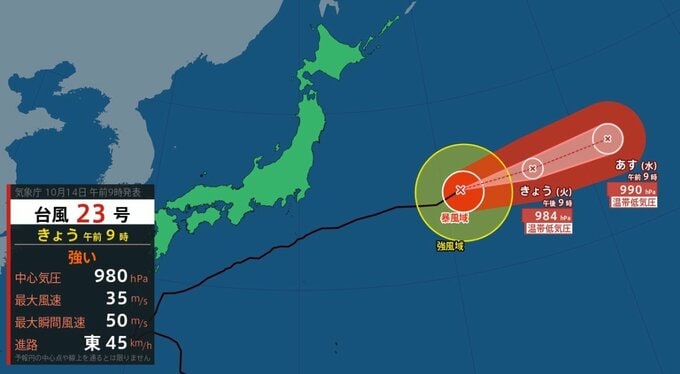 台風23号（ナクリー）日本の東を時速45キロで東へ　14日夜にも温帯低気圧へ　勢力は徐々に弱まる見込み【雨と風のシミュレーション（日本付近）】　|　富山のニュース｜天気・防災｜チューリップテレビ