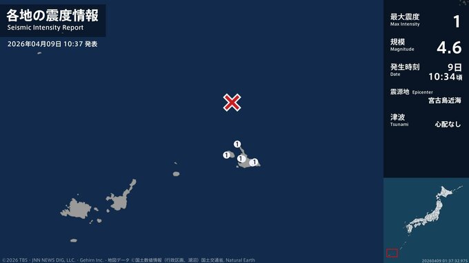 沖縄県で最大震度1の地震　沖縄県・宮古島市|TBS NEWS DIG