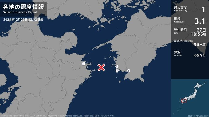 愛媛県、高知県、大分県で最大震度1の地震　愛媛県・愛南町、高知県・宿毛市、大分県・津久見市|TBS NEWS DIG