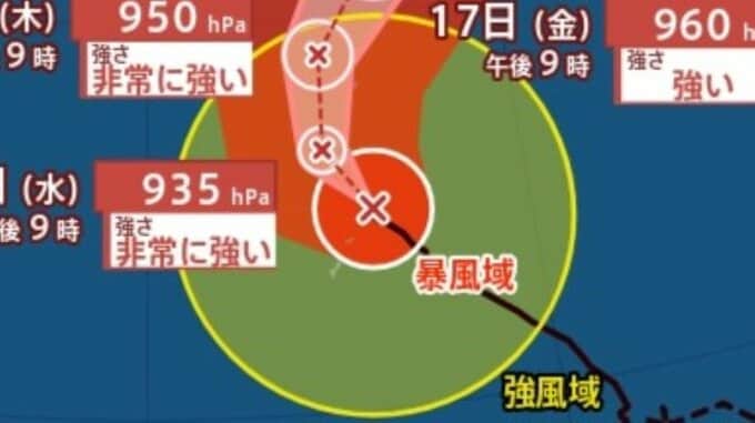 【最新台風情報　14日22時過ぎ更新】右カーブの予想のまま？　いまだに大型で猛烈な勢力の台風4号の最新進路予想　最大瞬間風速75m/s・中心気圧920hPa　日本への影響は？　雨・風シミュレーション|TBS NEWS DIG