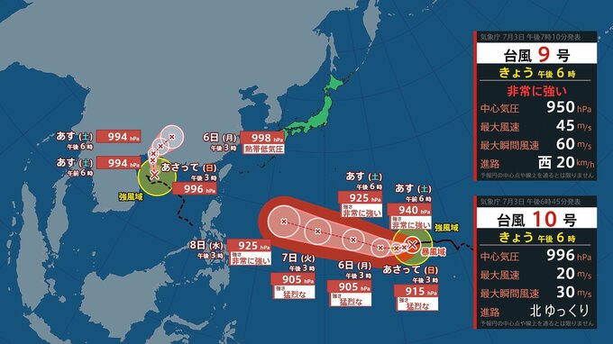 【ダブル台風】台風9号（バービー）5日に“猛烈な勢力”へ　6日には最大瞬間風速80メートルの予報も…日本への影響、進路は？台風10号（メイサーク）も　雨と風のシミュレーションを見る（4～13日）|TBS NEWS DIG