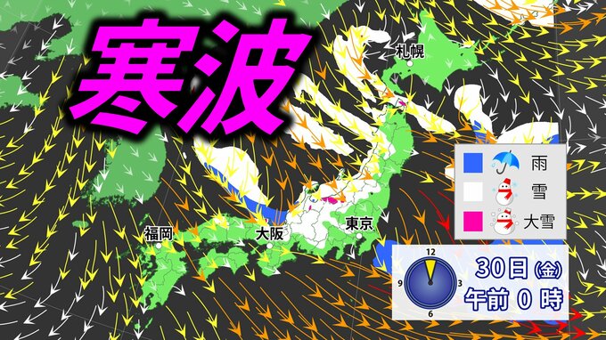 【強烈寒波】「警報級大雪」のおそれ　30日にかけ上空に強い寒気で冬型の気圧配置強まる　東北・東日本と西日本の日本海側中心に大雪　関東でも雪の可能性【気象庁・大雪に関する全般気象情報】|TBS NEWS DIG