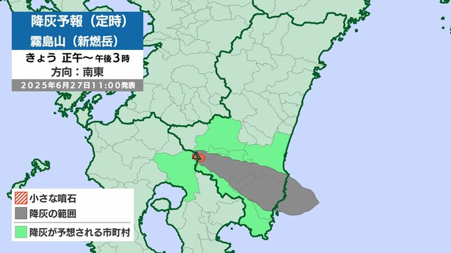 【新燃岳　降灰予報】27日も噴火確認　正午～28日午前6時までに噴火発生の場合　降灰は南東に60~100kmで 都城市や日南市、串間市などでも|TBS NEWS DIG