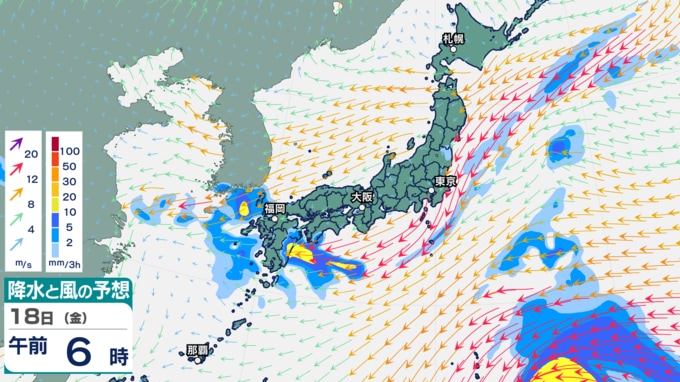 18日午前6時の降水と風の予想