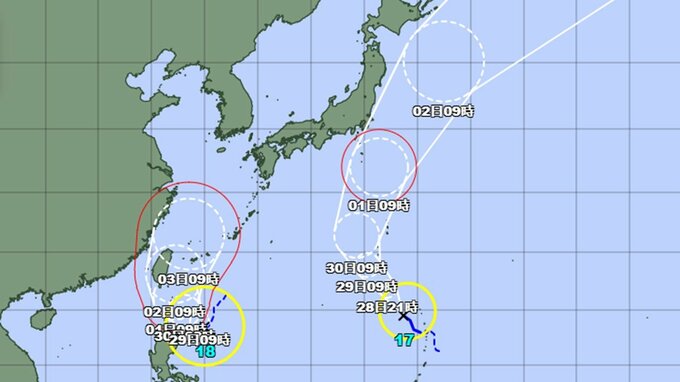 台風18号発生　18号は沖縄・九州方面へ　17号は関東・東北沿岸へ　ダブル台風が日本列島へ　このあとの進路　|　山形のニュース│TUYテレビユー山形