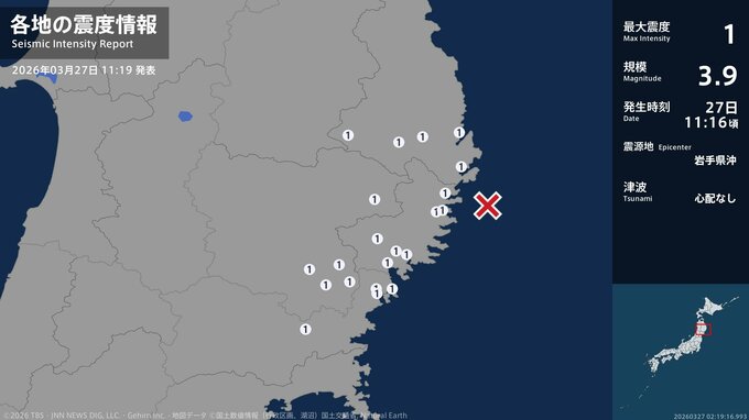 岩手県、宮城県で最大震度1の地震　岩手県・宮古市、山田町、大船渡市、陸前高田市、釜石市、住田町、大槌町|TBS NEWS DIG
